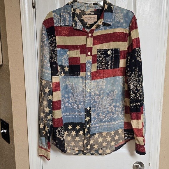 Mens Ralph Lauren Denim Supply American Flag Patchwork Button Shirt Distressed M